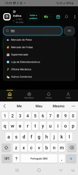 Tela de busca por categorias no app QI Indica