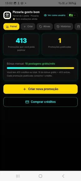 Painel do lojista no app QI Indica com créditos e publicações